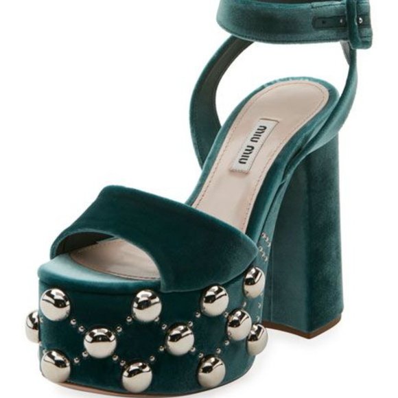 $995 MIU MIU PRADA JEWEL TONE STUDDED PLATFORM MARY JANE HEELS 38 8 - Picture 2 of 12